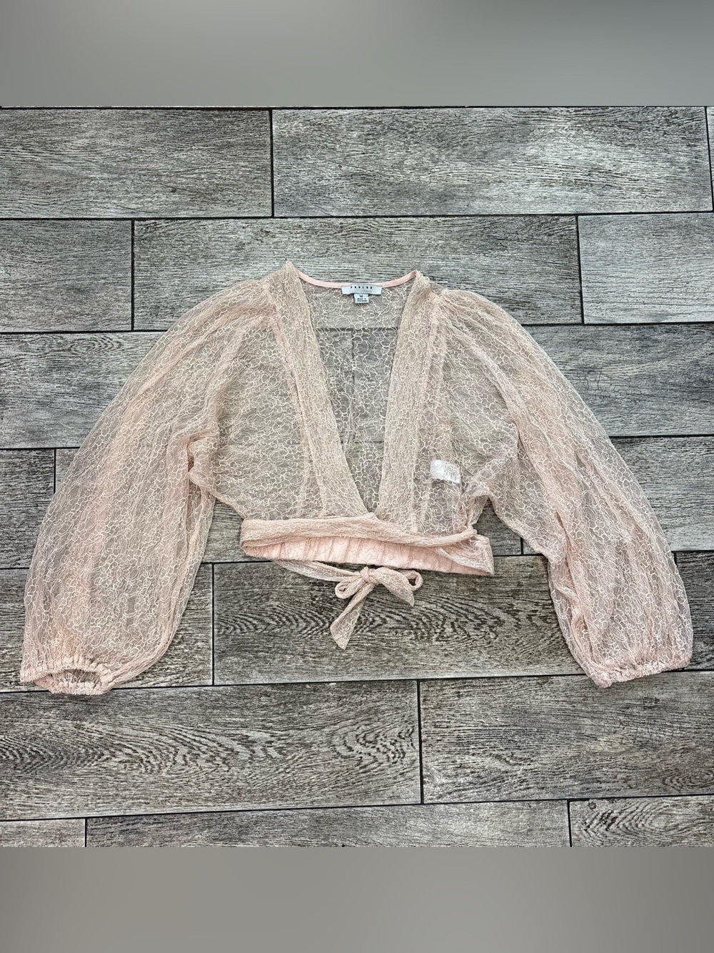Boho Sheer Lace Blush Long Sleeve Wrap Blouse Shall Fairycore Whimsical Ethereal